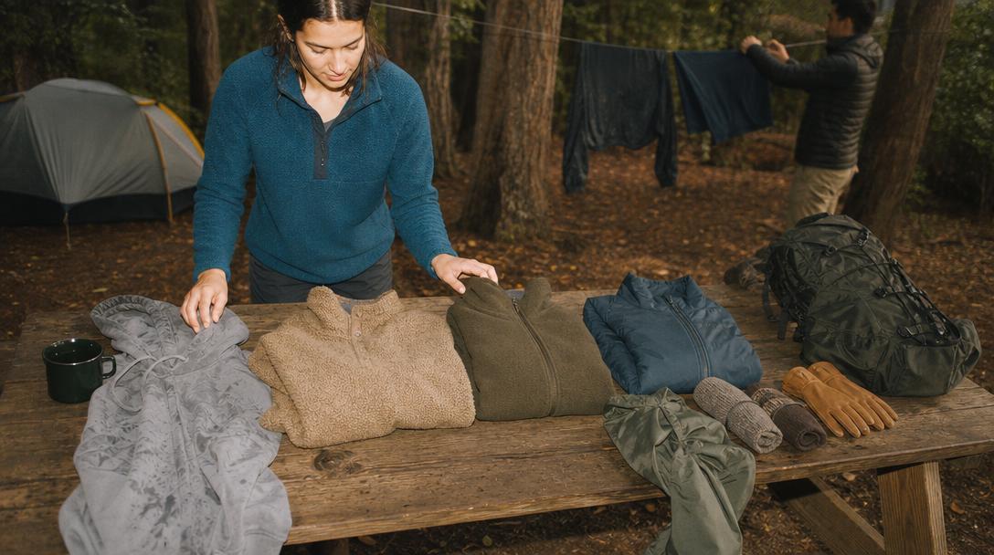 Layered camping outfit showing base, mid and outer layers