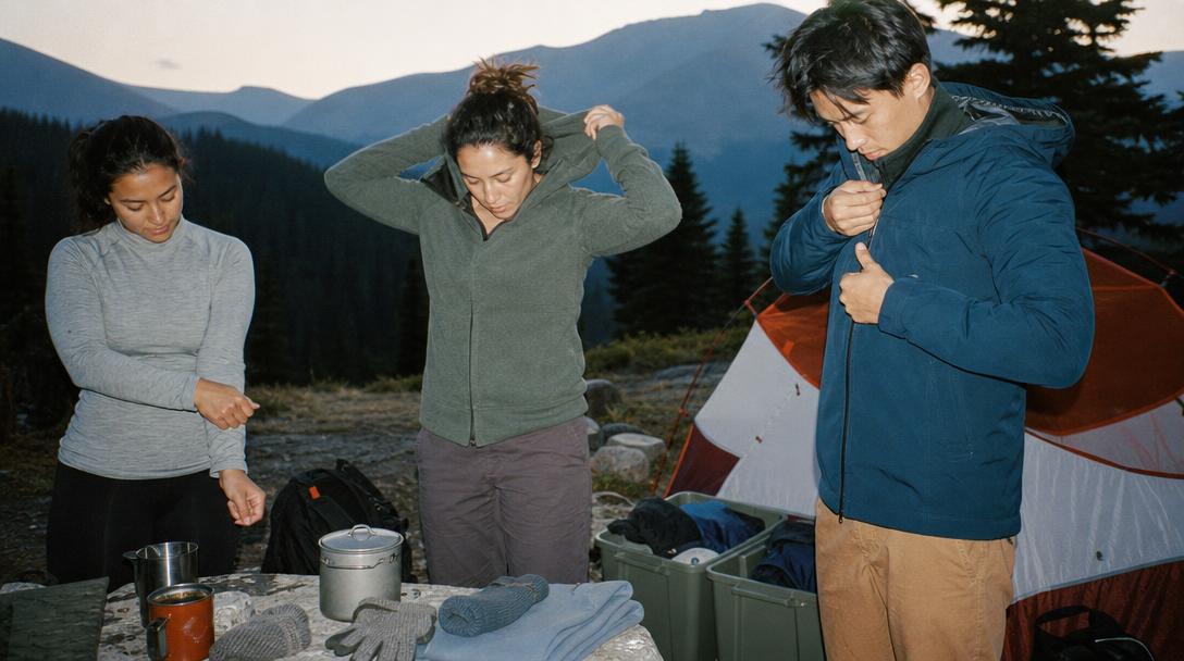Campers wearing hoodies and sweatshirts in different outdoor settings