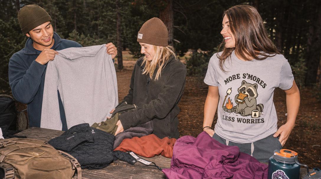 Person wearing sweatshirt and hoodie outdoors near camp