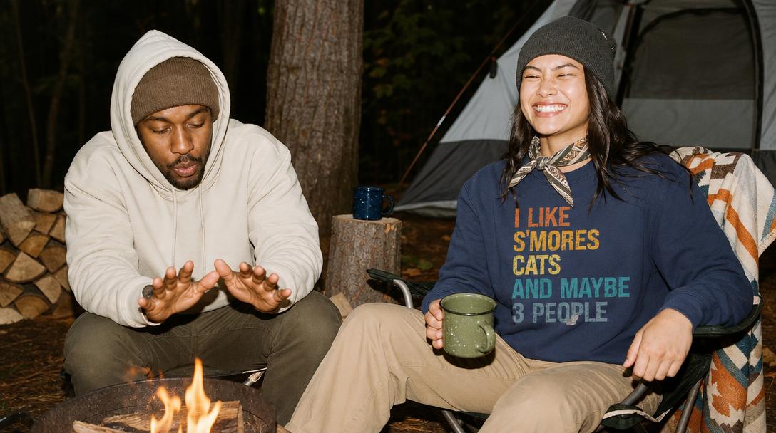 Hiker wearing hoodie and sweatshirt warming by campfire