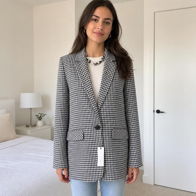 Checked Longline Tailored Blazer with Single Button – New