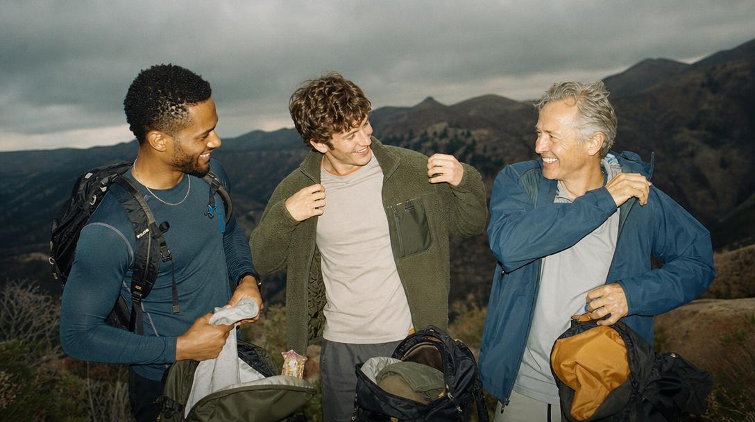 Seasonal men's hiking outfits for various weather