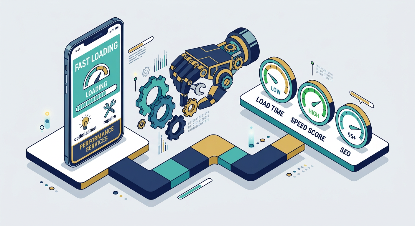 Clean isometric illustration of a website repair workflow, with a mobile phone showing a fast-loading service page, a mech...