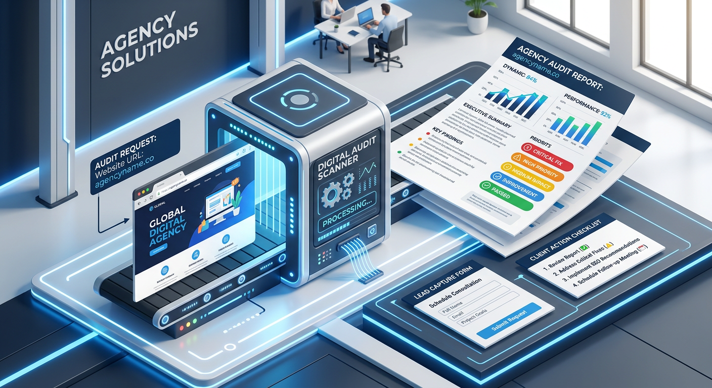 Modern isometric illustration of a branded agency audit workflow, showing a website entering a clean scanner panel and eme...