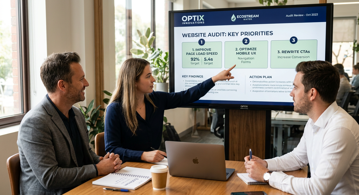 Photorealistic close-up of a digital marketing team reviewing a short branded website audit on a large screen, one person ...