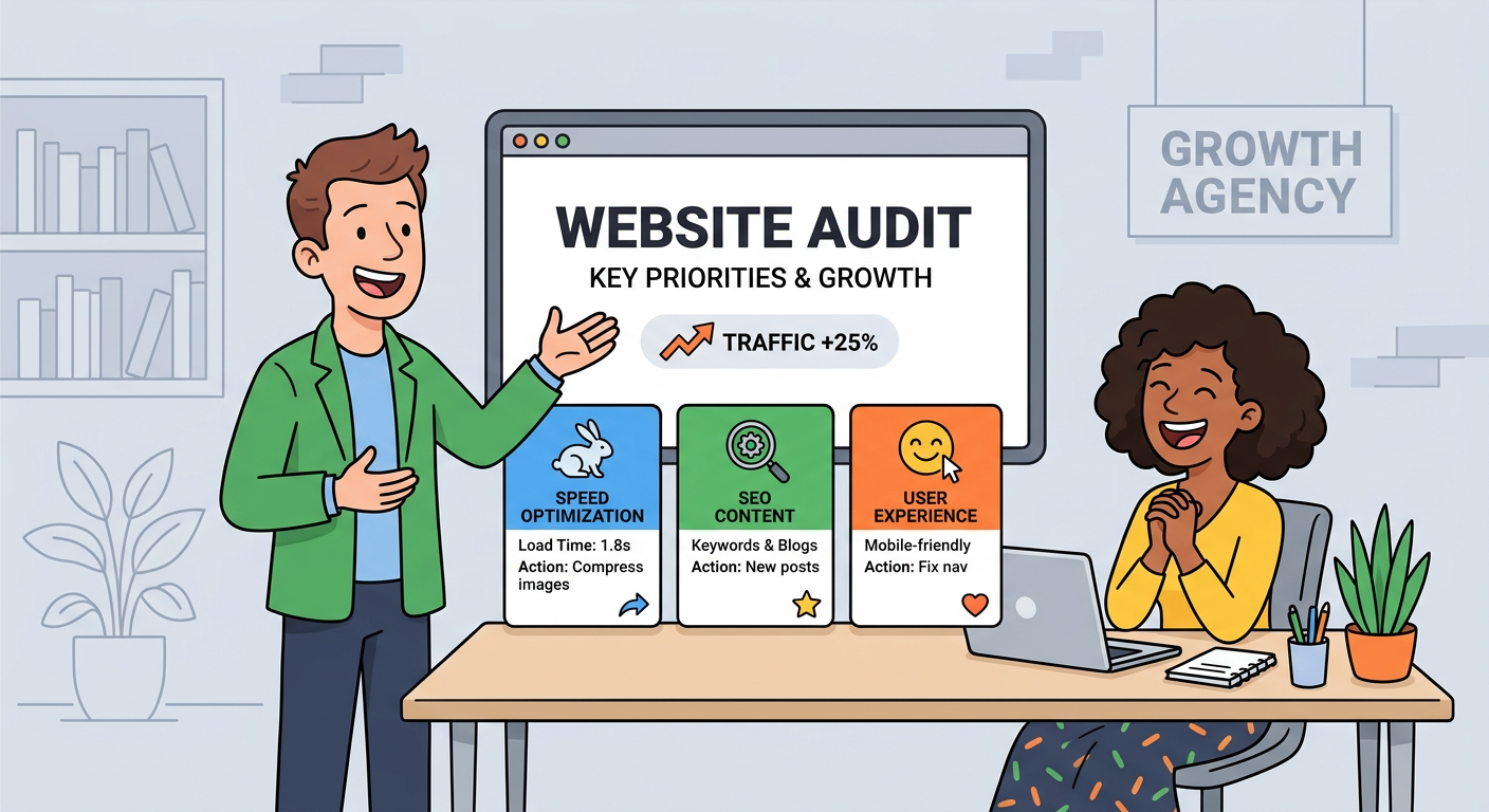 Playful flat cartoon illustration of an agency owner presenting a concise website audit to a happy client, with three simp...
