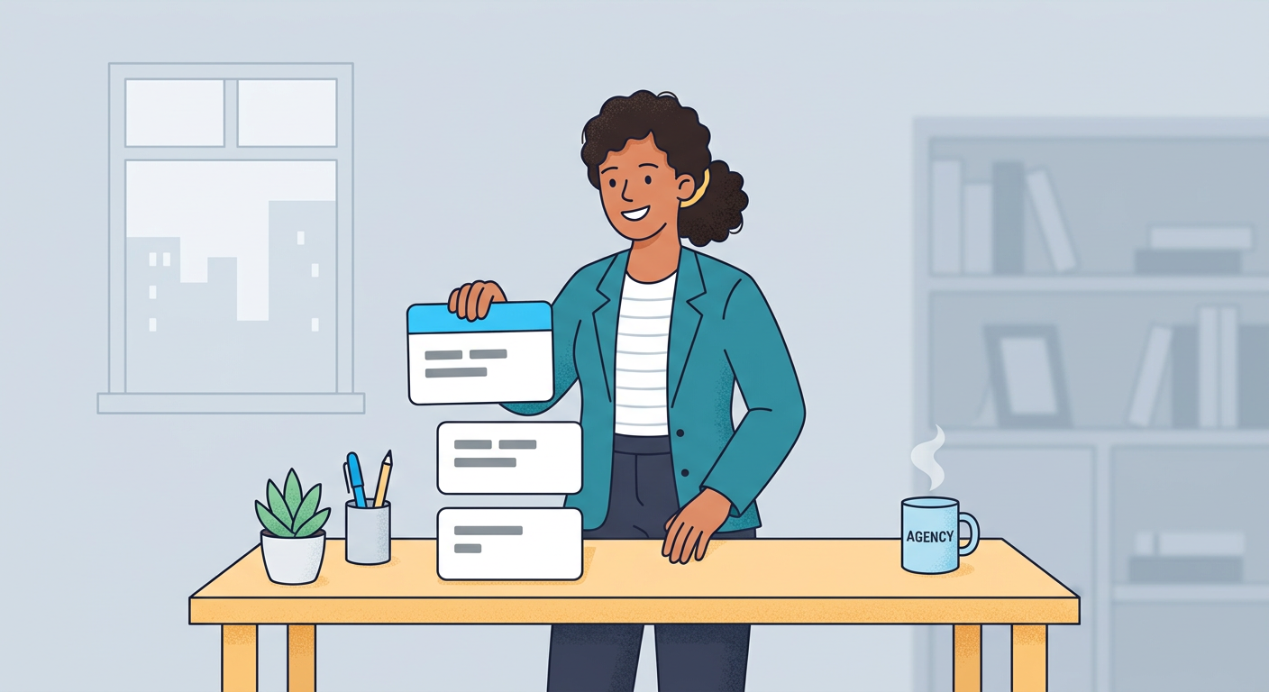 Playful flat cartoon illustration of a friendly agency owner sorting three simple white audit cards labeled only with shor...