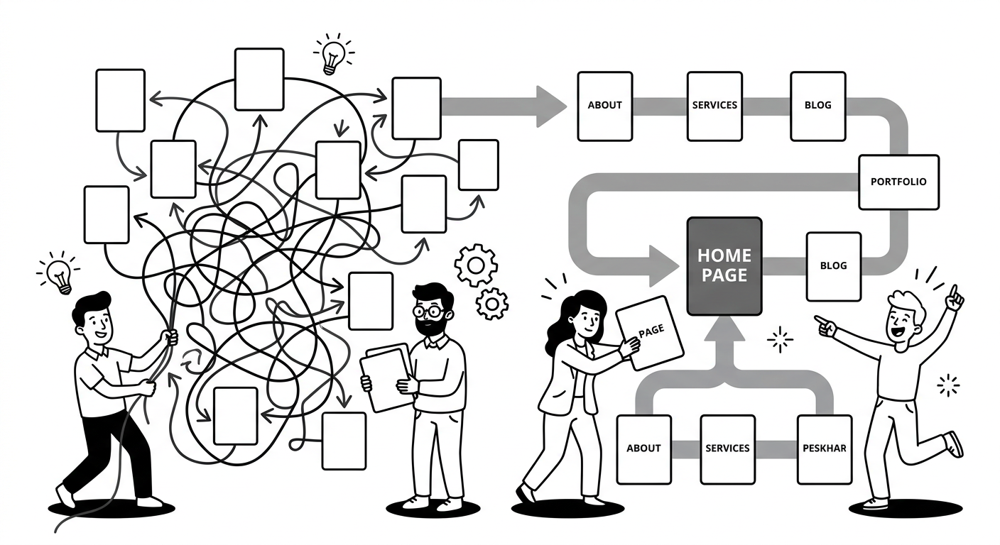 Playful flat cartoon illustration of a small agency team turning a tangled website map into a clean path of connected page...