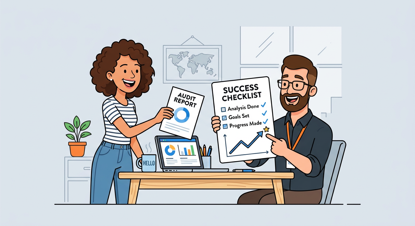 Playful flat cartoon illustration of an agency team member handing a simple blue-accented audit report across a desk while...