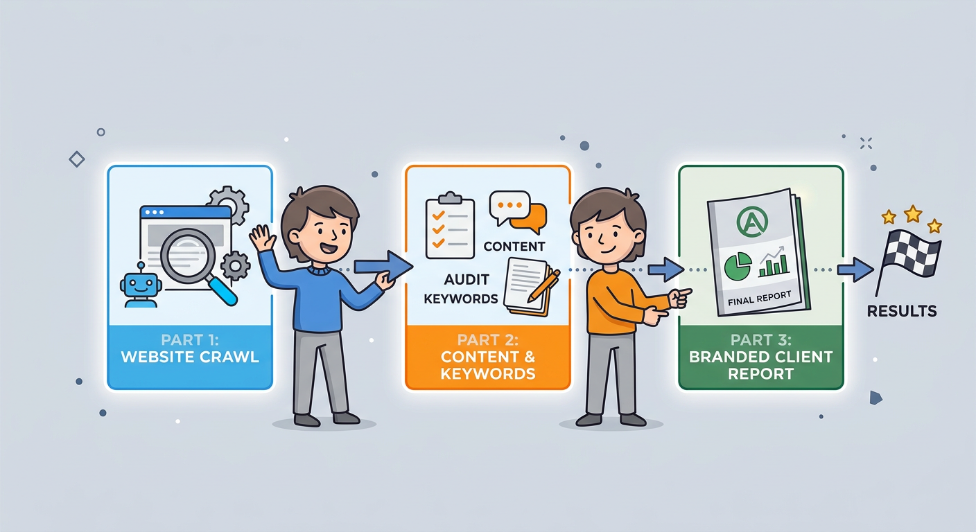 Playful flat cartoon illustration of a simple three-part agency audit workflow, showing a crawl card, a content-and-keywor...