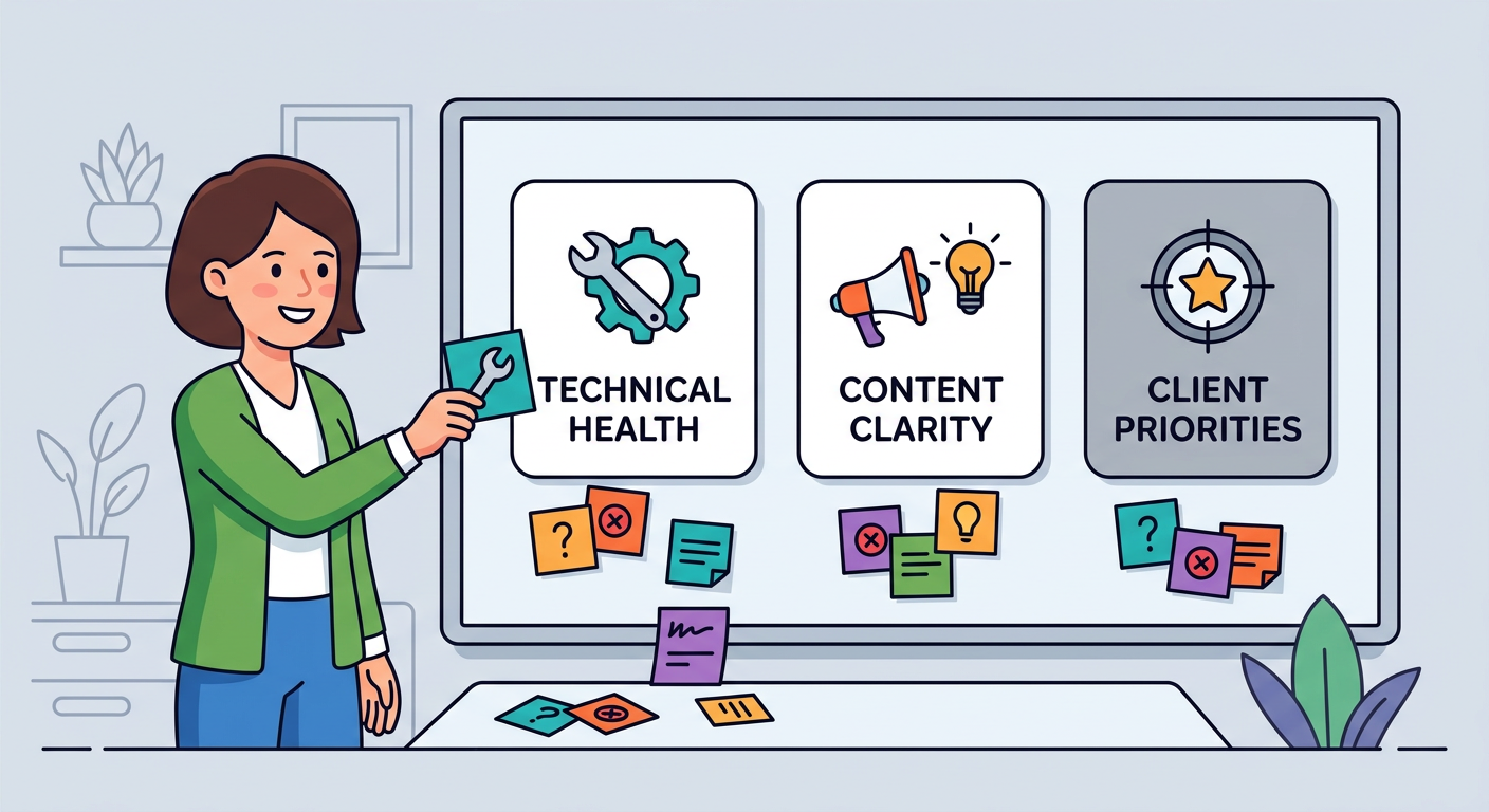 Playful flat cartoon illustration of a friendly agency consultant sorting website issues into three white cards labeled by...