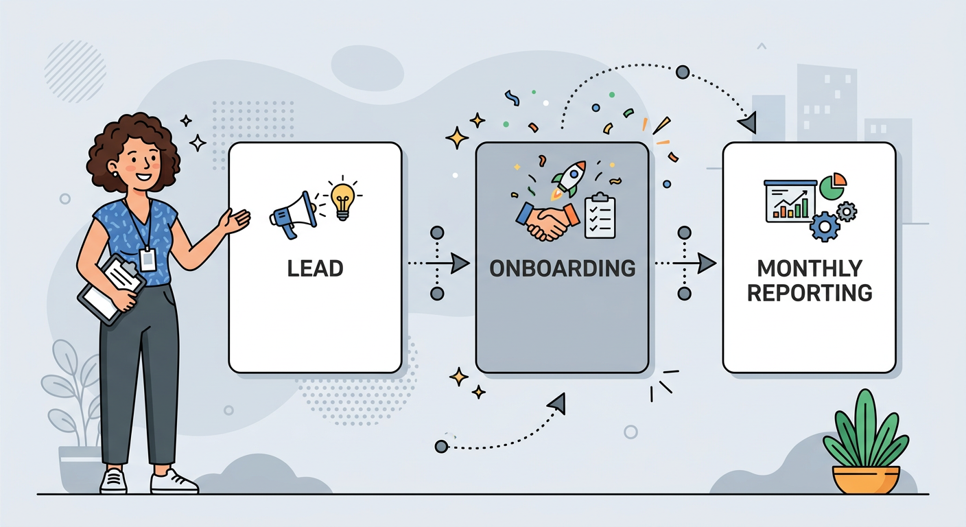 Playful flat cartoon illustration of an agency team member standing beside three clean white workflow cards representing l...