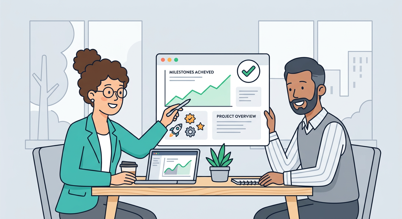 Playful flat cartoon illustration of an account manager and client sitting across a simple table, reviewing a clean progre...