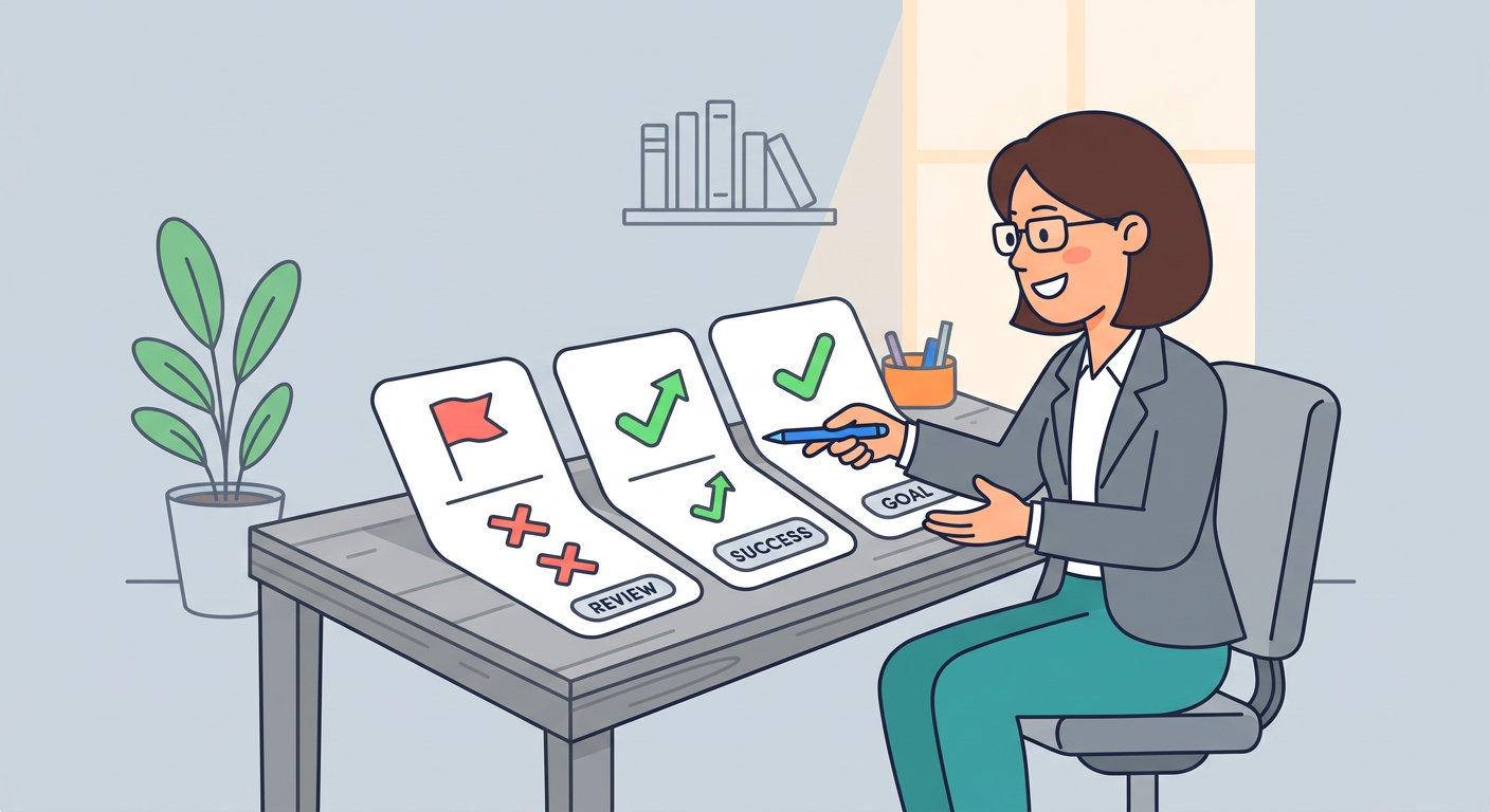 Playful flat cartoon illustration of one friendly agency consultant reviewing three clean white audit cards with simple re...