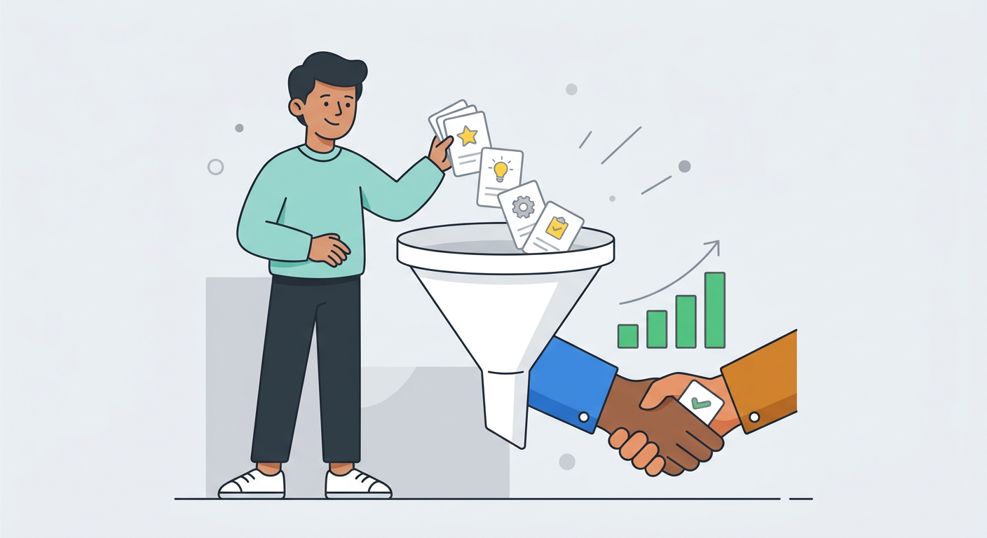 Playful flat cartoon illustration of a friendly agency team member guiding simple white cards through a clean funnel towar...