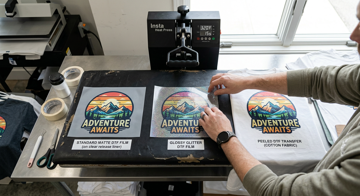 Photorealistic overhead view of an apparel decorator comparing three labeled DTF film samples on a heat press table, showi...