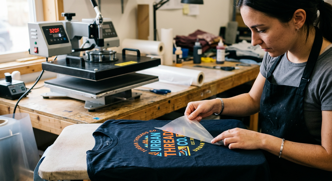 Photorealistic close-up of an apparel creator carefully peeling a cooled DTF carrier sheet from a bright logo on a cotton ...