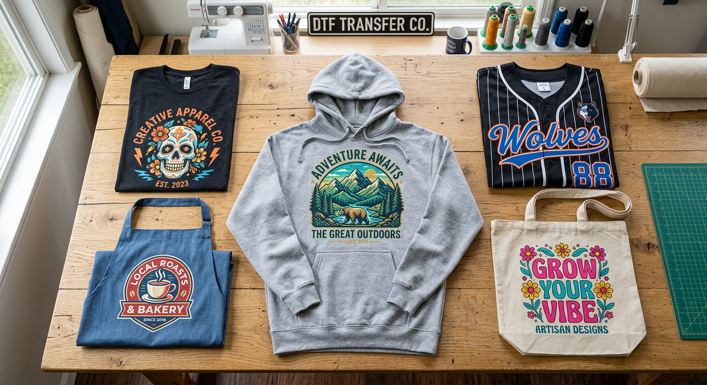Photorealistic overhead product layout showing a black T-shirt, heather-gray hoodie, canvas tote, team jersey, and folded ...