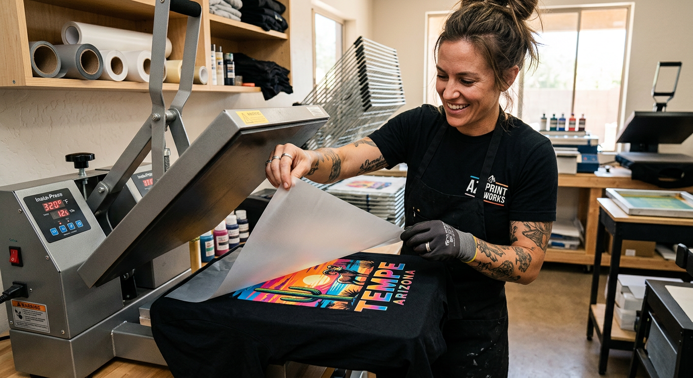 Photorealistic close-up of an Arizona apparel creator lifting a finished cold-peel DTF film from a black cotton T-shirt on...