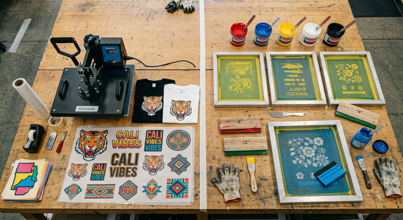 Photorealistic overhead view of a production table divided into two clean work zones, one with colorful press-ready DTF tr...