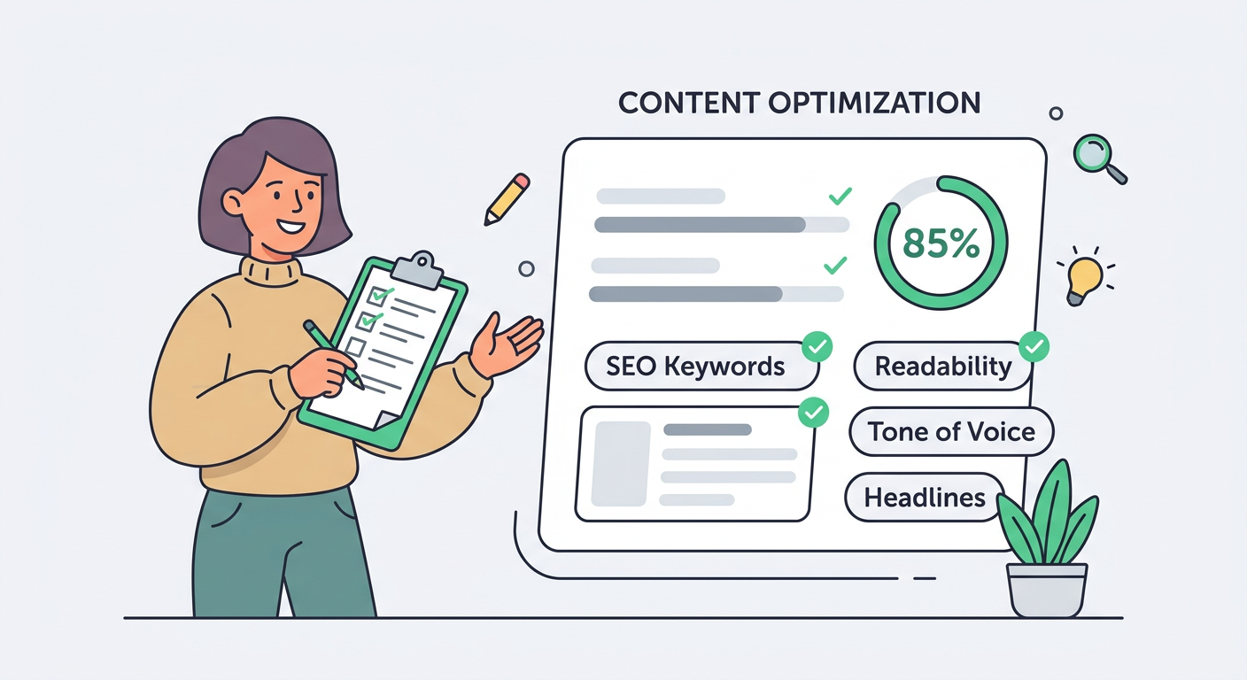 Playful flat cartoon vector illustration of one content writer holding a checklist while reviewing a white optimization pa...
