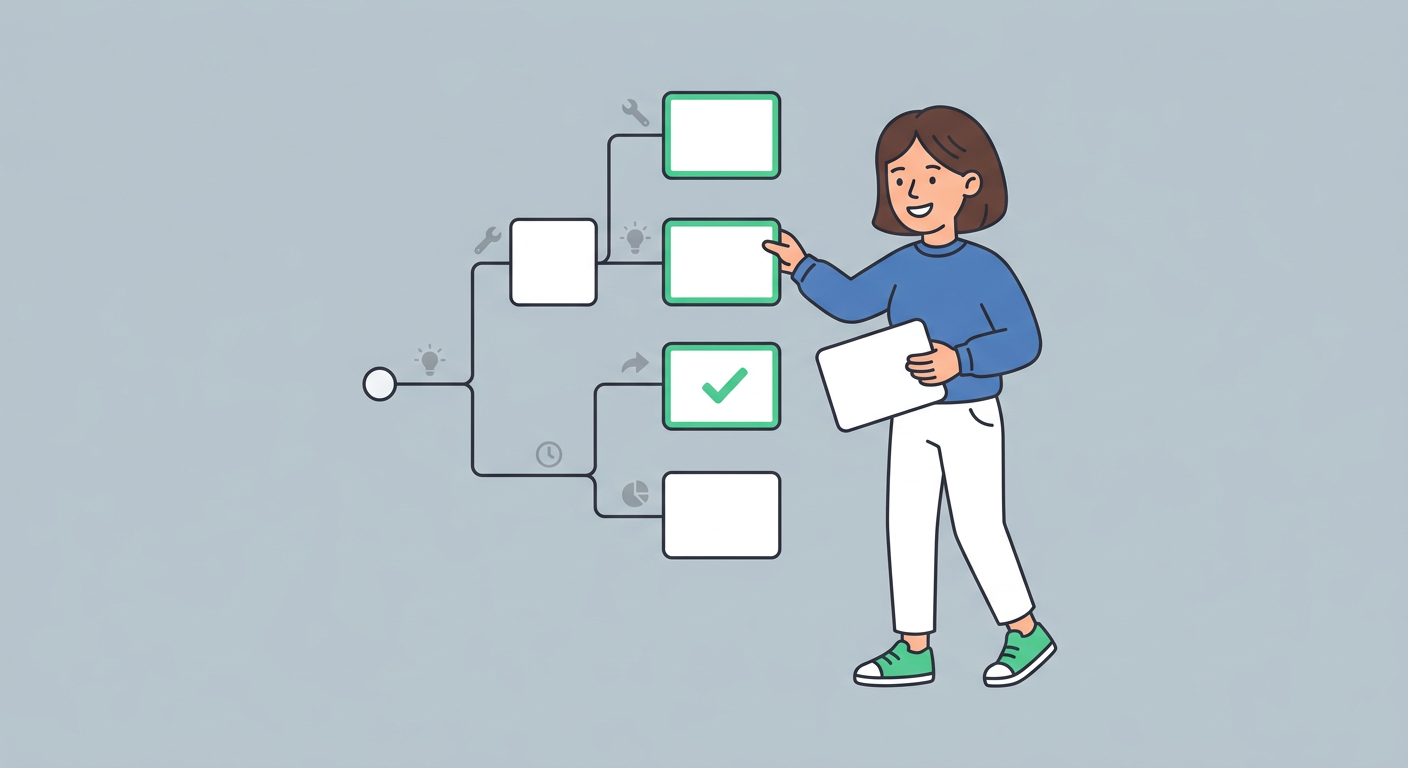 Playful flat vector cartoon illustration of one marketer sorting five white platform cards into a simple decision path lab...