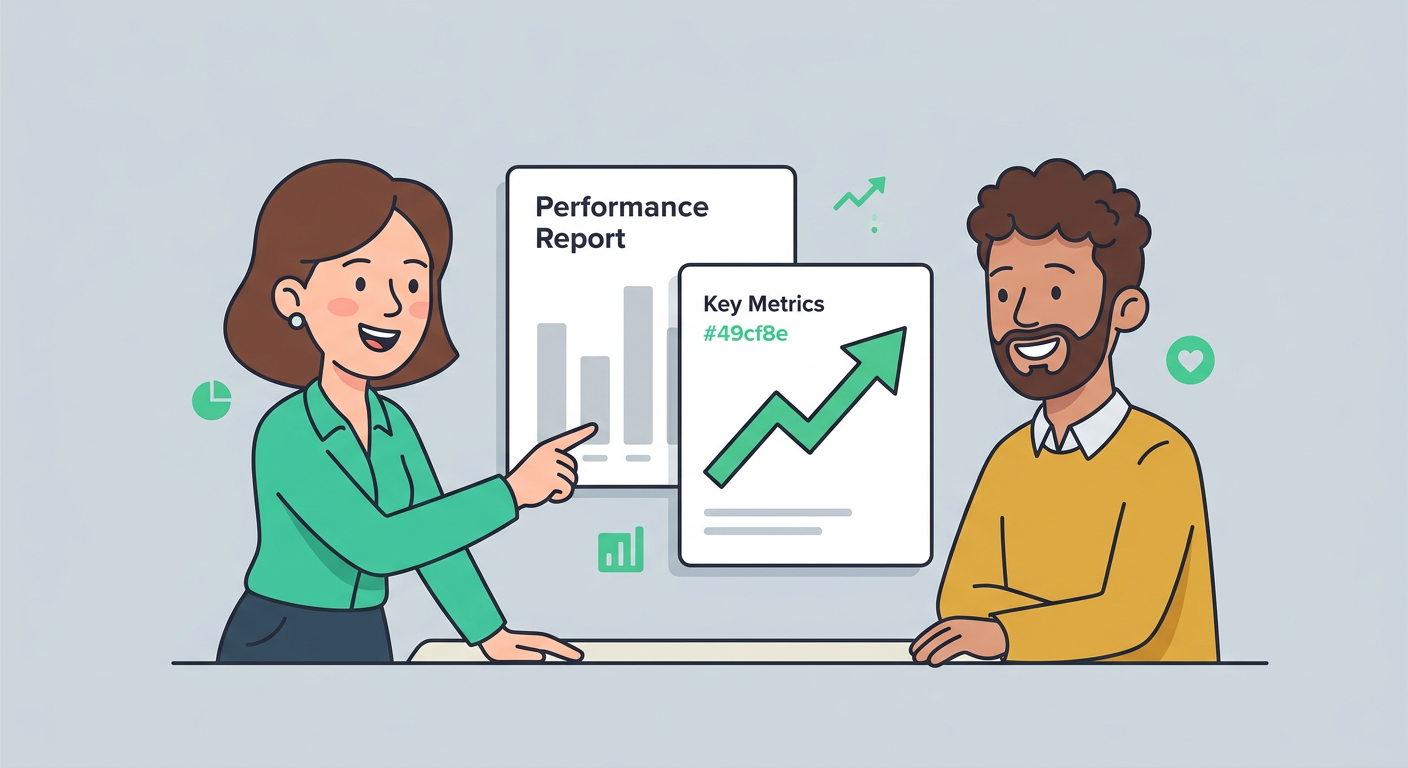 Playful flat cartoon illustration of an agency account manager pointing to a simple performance report while a client smil...