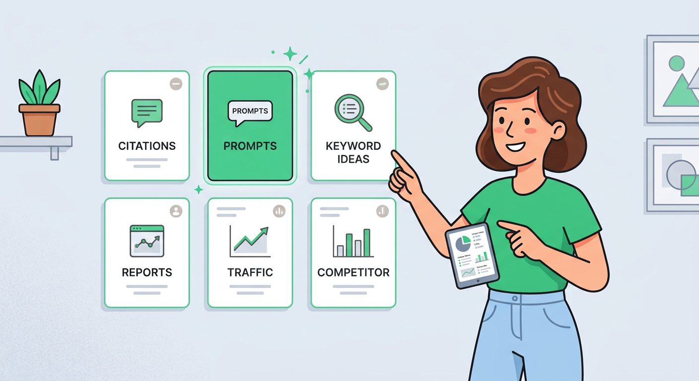 Playful flat cartoon illustration of a marketer comparing six white tool cards on a simple wall, with one #49cf8e card hig...