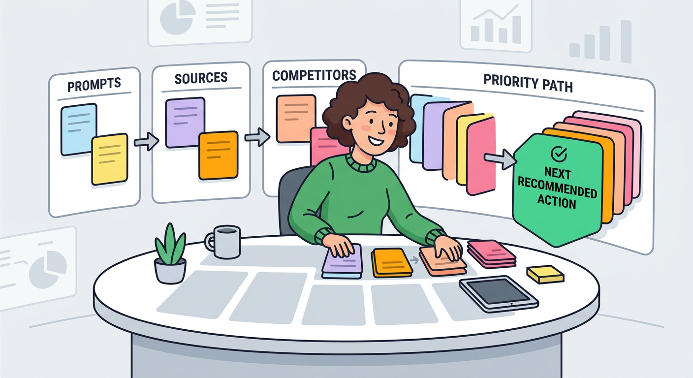 Playful flat cartoon illustration of a friendly analyst arranging prompt cards, source cards, and competitor cards into a ...