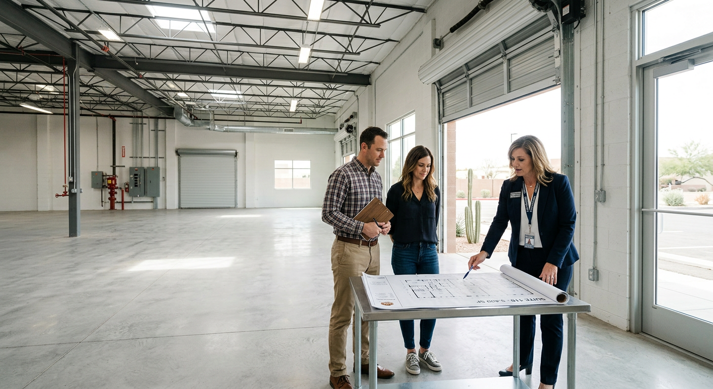 Photorealistic leasing tour inside a bright Phoenix industrial flex building, with a broker and business owners reviewing ...