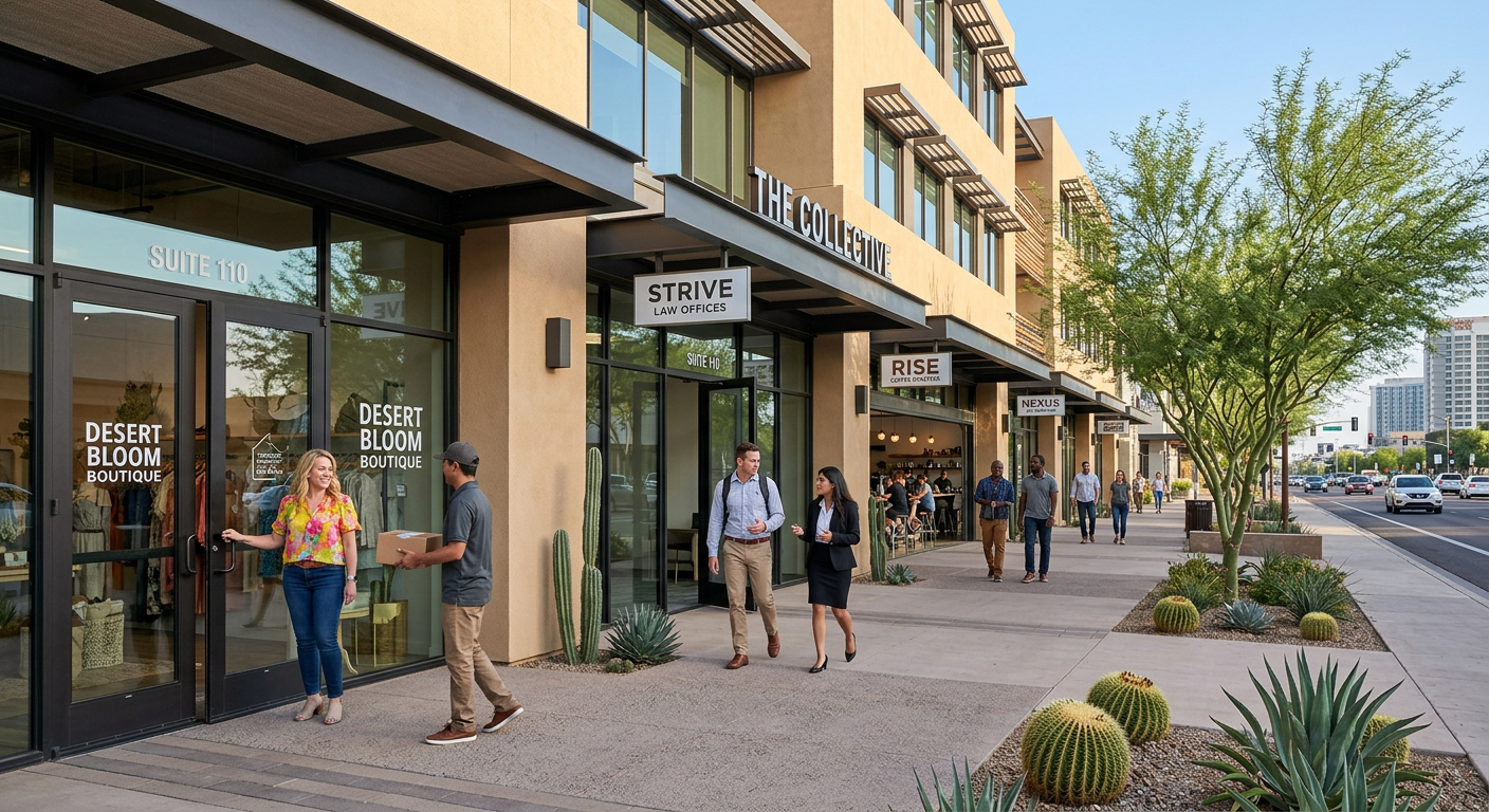 Photorealistic street-level scene outside a modern Phoenix mixed-use commercial center, showing small business owners and ...