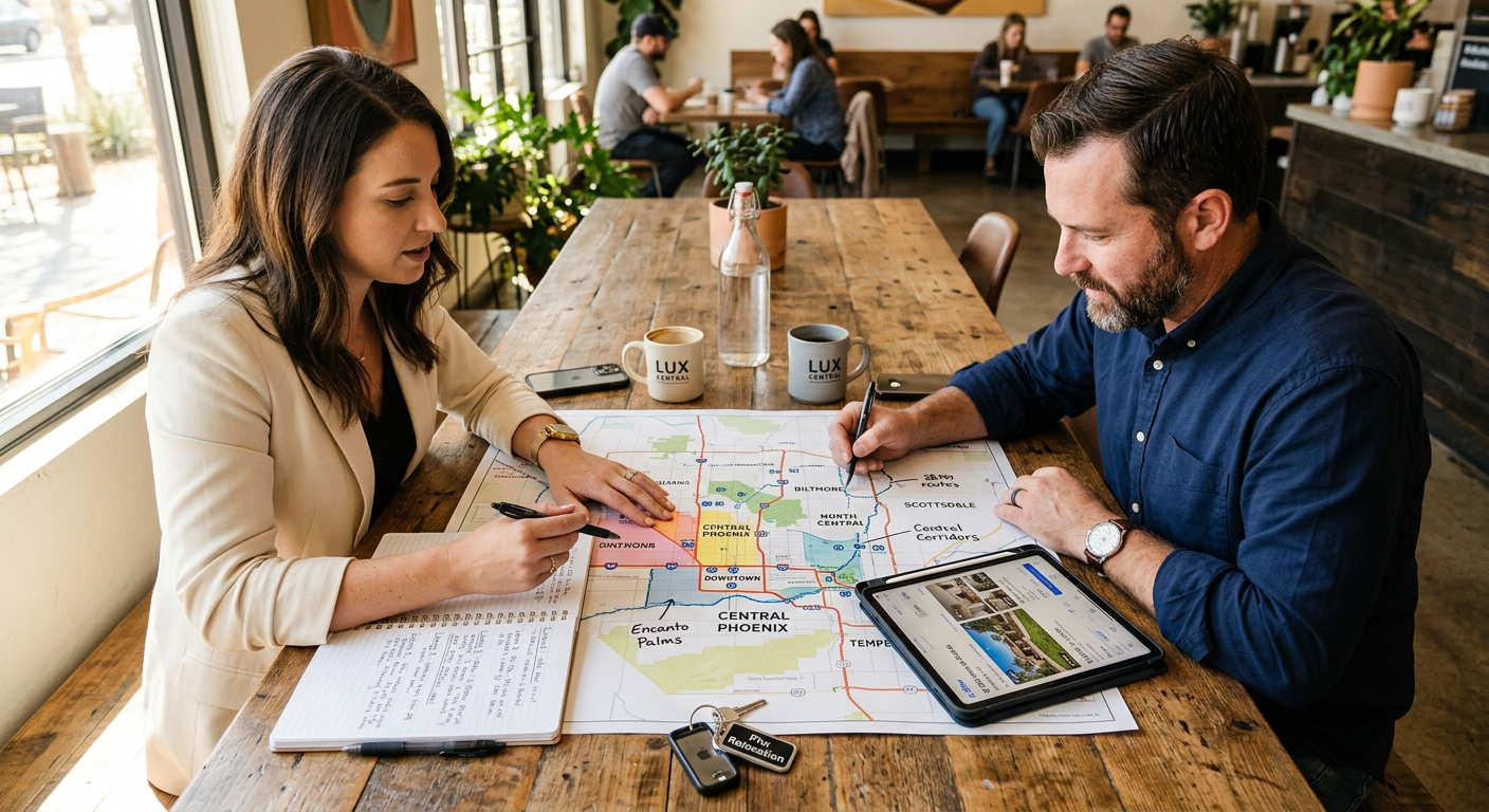 Photorealistic overhead scene of a relocation buyer and Phoenix real estate advisor reviewing a detailed neighborhood map,...