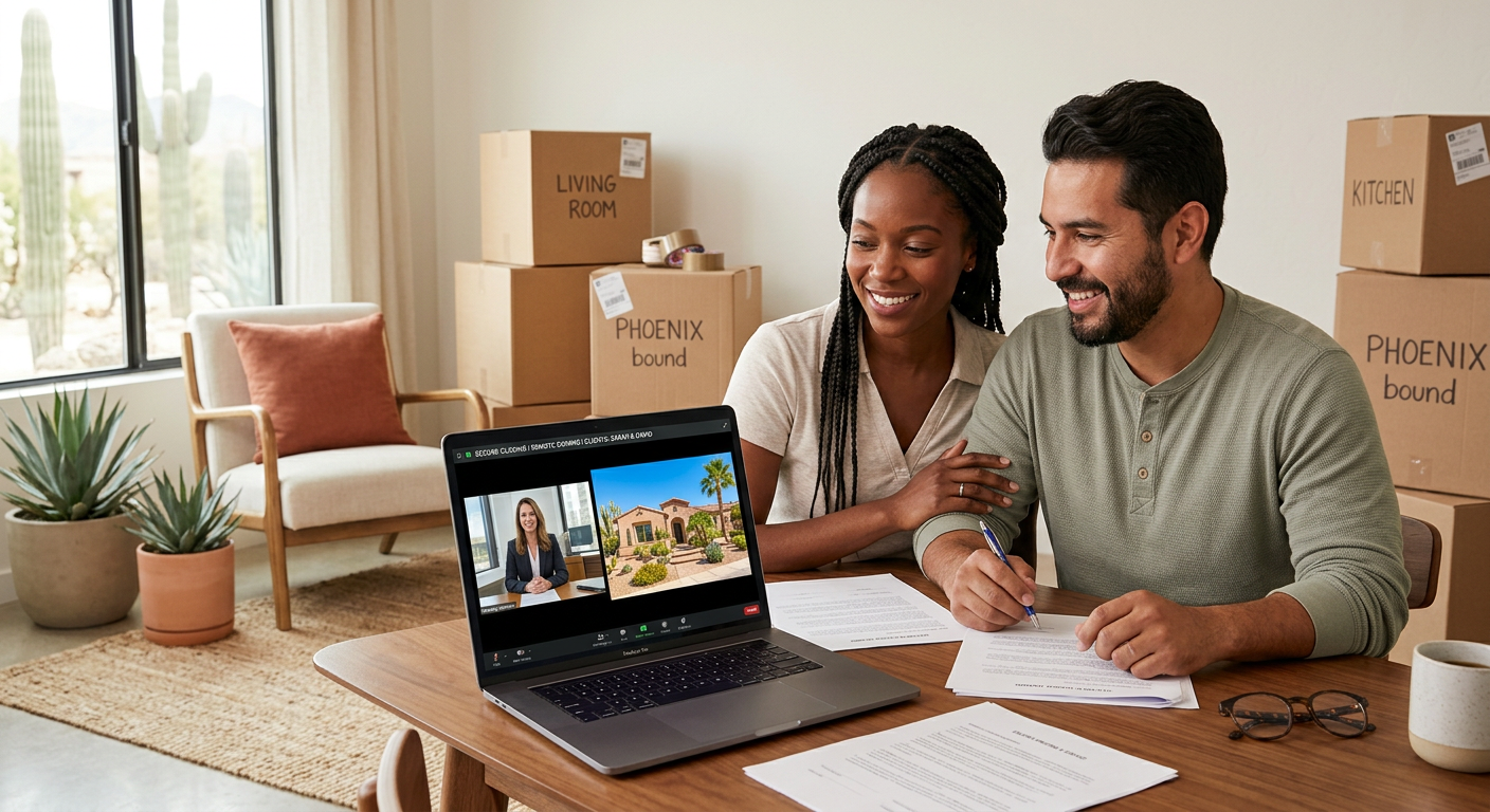 Photorealistic scene of a couple on a secure video call completing a remote real estate closing, with a Phoenix home visib...