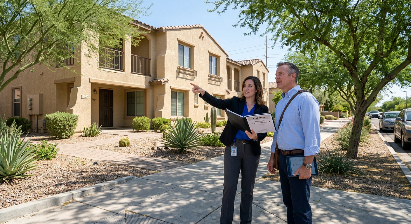 Photorealistic street-level scene of a prospective investor and real estate advisor reviewing a duplex from a shaded Phoen...