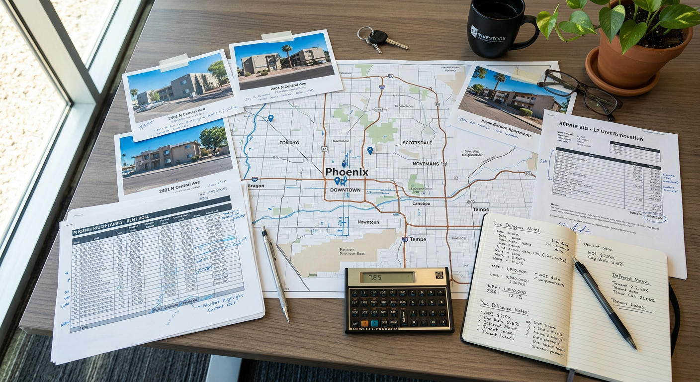 Detailed photorealistic overhead scene of an investor’s underwriting table with property photos, rent rolls, repair bids, ...
