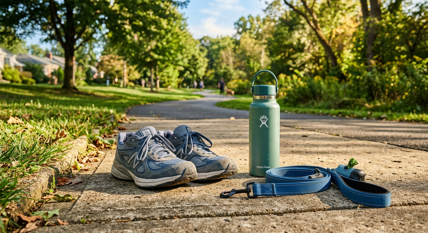 Photorealistic close-up of comfortable walking shoes beside a water bottle and dog leash at the edge of a sunny neighborho...