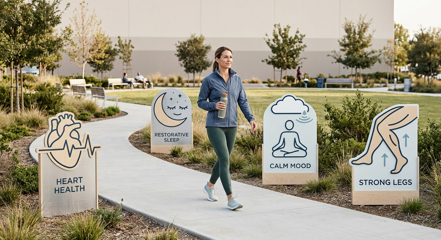 Modern editorial illustration of a person walking along a curved path connecting simple visual symbols for heart health, s...