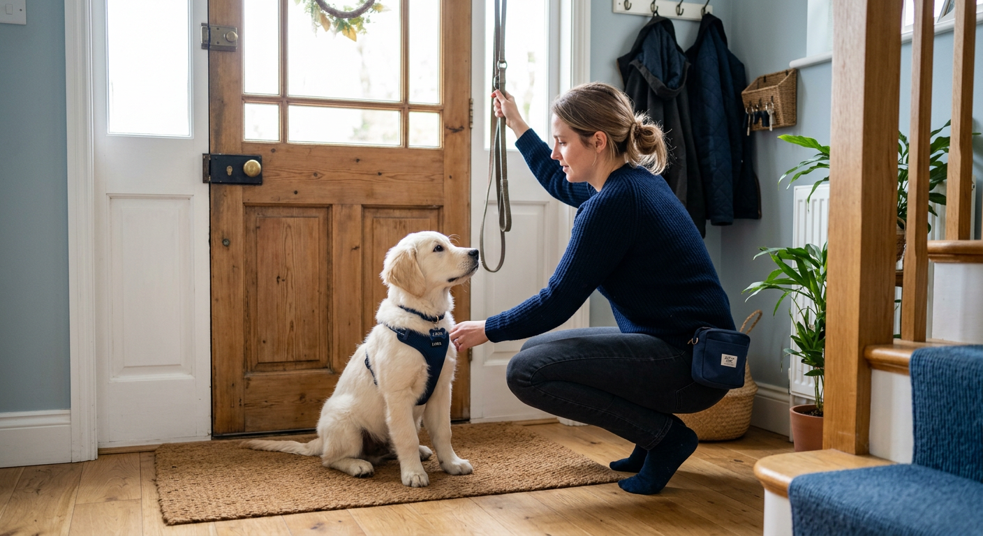 Photorealistic scene of a puppy sitting calmly beside a front door while its owner reaches for a leash, bright morning lig...