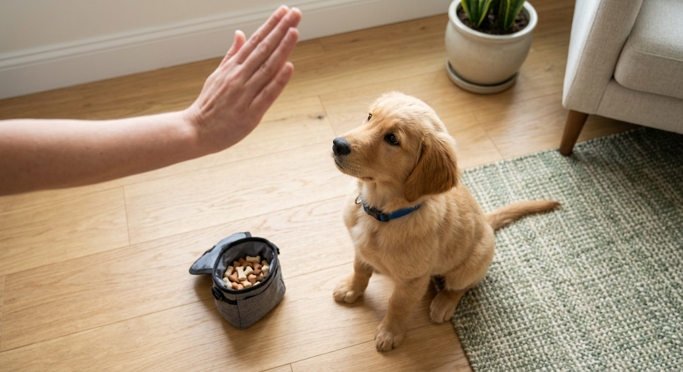 Friendly modern illustration of a puppy-training setup on a clean living room floor, showing a treat pouch, tiny reward pi...