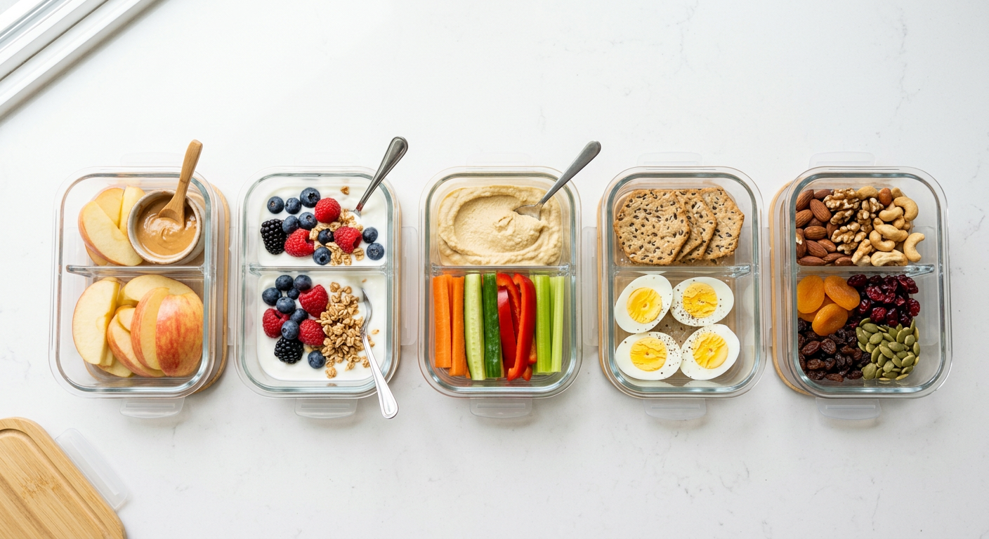 Bright overhead photograph of five neatly portioned snack combinations in glass containers, including apple slices with pe...