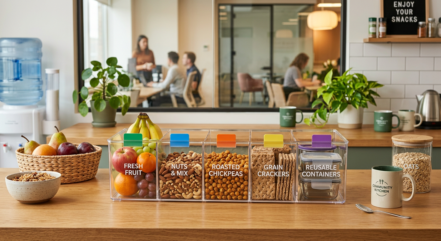 Photorealistic workplace pantry scene with a clear snack bin labeled by food type using simple color tabs, filled with fru...