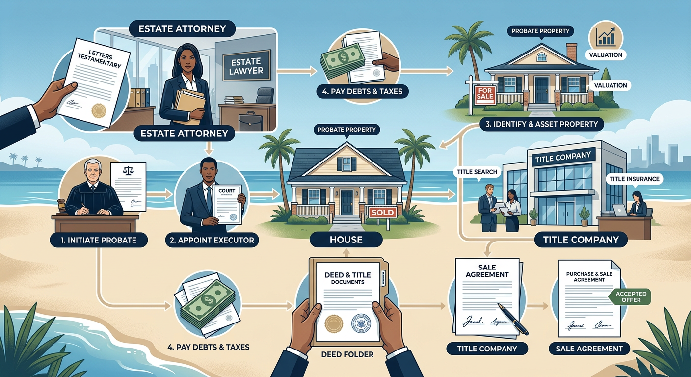 Clean editorial illustration of a probate property sale workflow, with a house, deed folder, estate attorney, title compan...