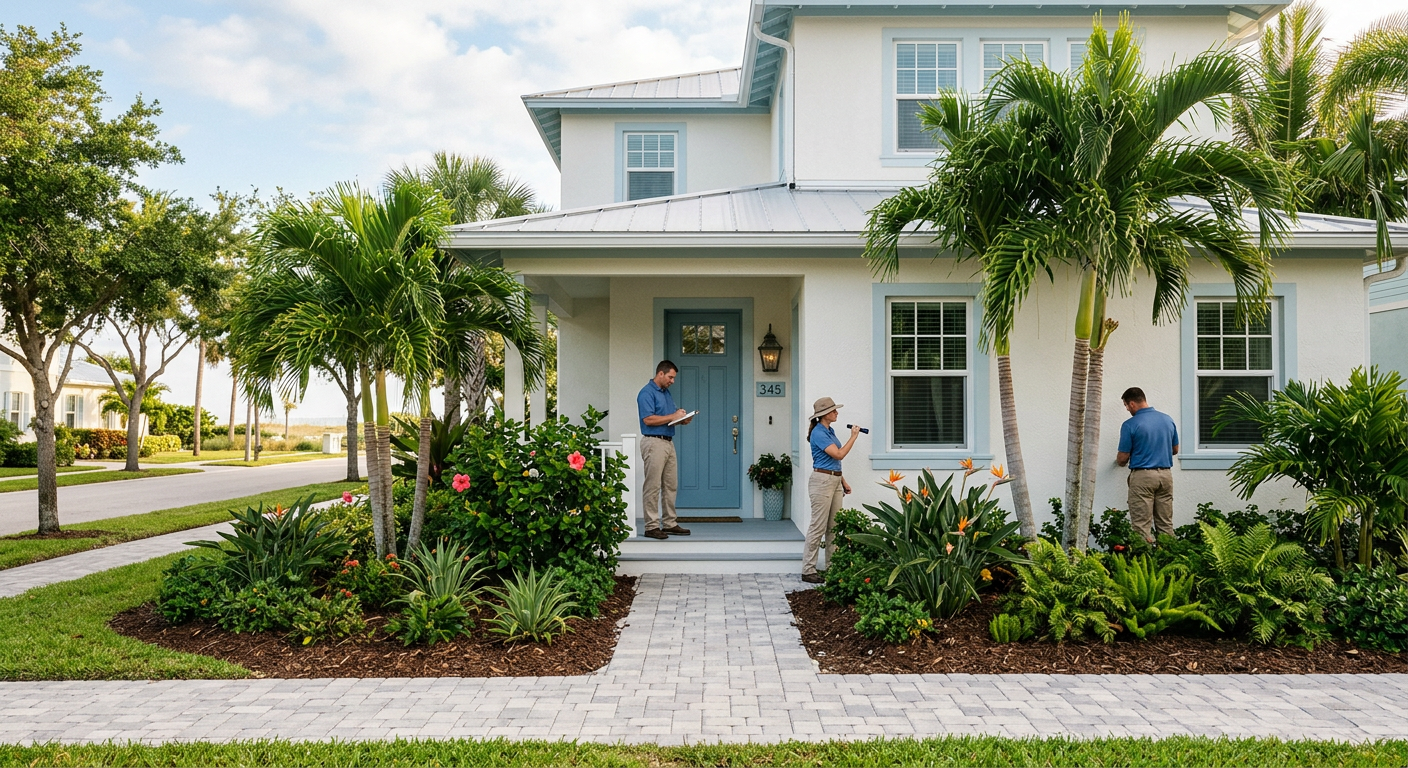 Editorial-style photorealistic scene of a well-kept Lake Worth Beach rental home with tropical landscaping, a clean walkwa...