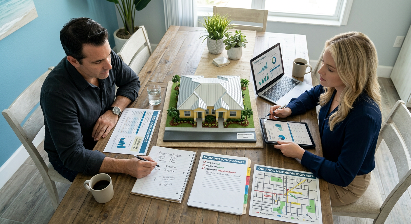Photorealistic overhead view of an investor and real estate agent at a dining table reviewing rent estimates, inspection n...