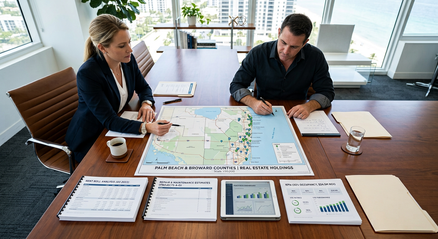 Photorealistic overhead view of a polished conference table with a property map of Palm Beach and Broward counties, rent r...
