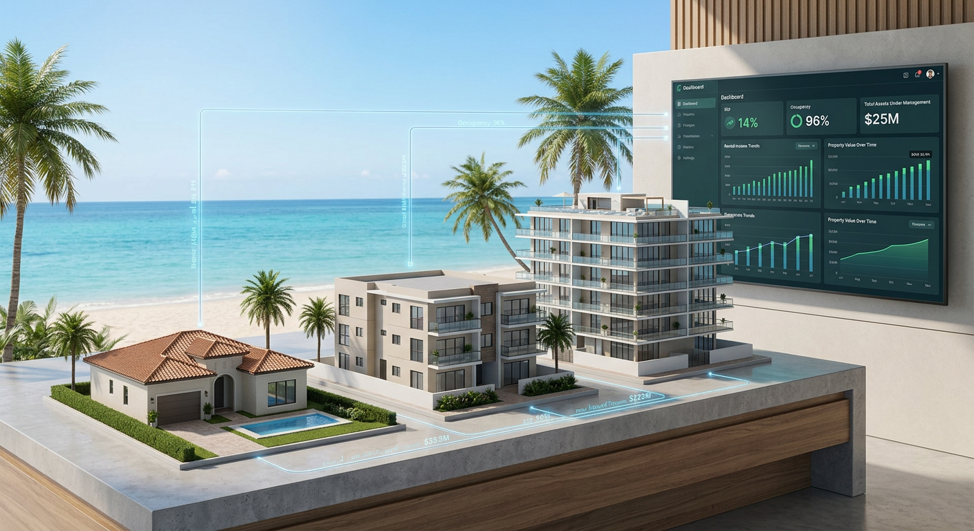 Modern illustrative scene of three South Florida property types, a single-family home, a small multifamily building, and a...