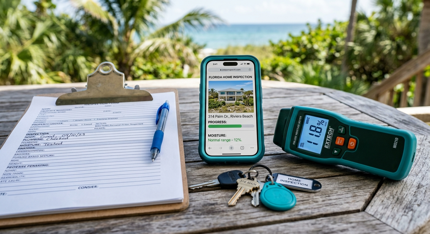 Photorealistic close-up of a property inspection clipboard, smartphone with a home photo report, keys, and moisture meter ...