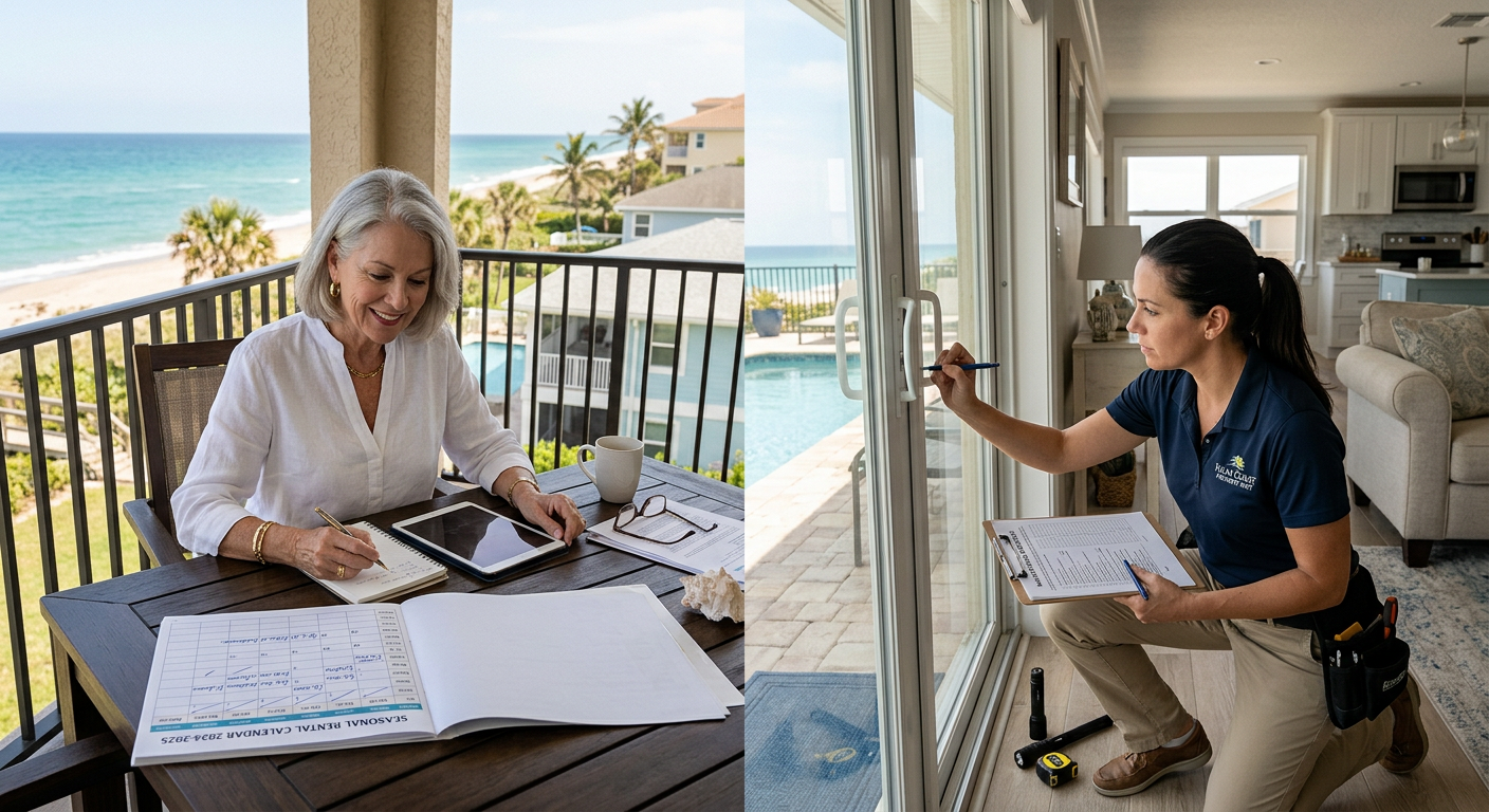 Editorial-style illustration of a Riviera Beach snowbird owner reviewing a seasonal property calendar while a local manage...