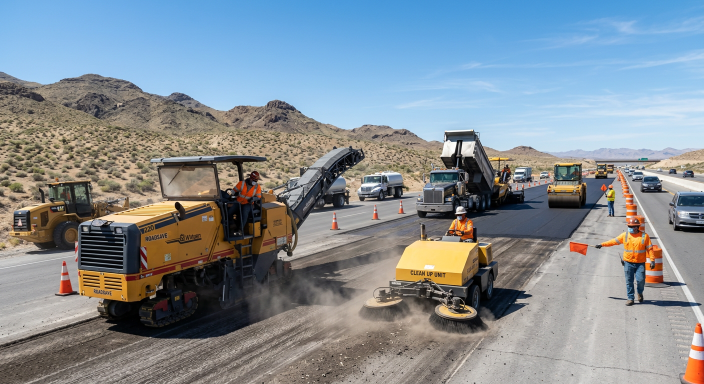 Photorealistic wide view of a Nevada road construction crew coordinating milling, sweeping, and paving operations inside a...