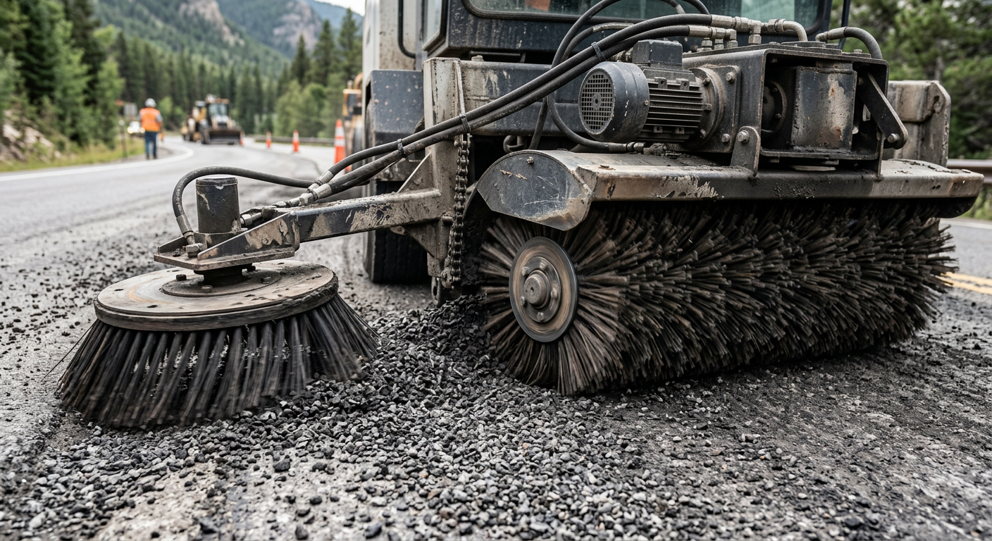 Photorealistic close-up of an unbranded mechanical broom sweeper at a Colorado resurfacing project, main broom and gutter ...